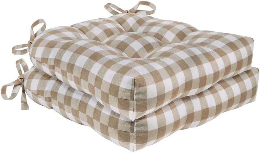 ACHIM Buffalo Check Tufted Chair Seat Cushions, 2-Pack, Taupe - 16" x 15" x 3" - Comfortable Seat Cover Pad with Stain Repellent Fabric & Ties to Indoor & Ourdoor Chair Styles Home Decor