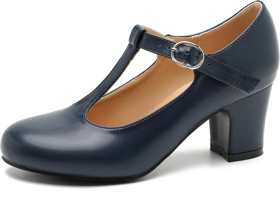 Women's T-Strap Mary Jane Pumps, 2.56 Inch Block Heel, Round Toe Dress Shoes 38