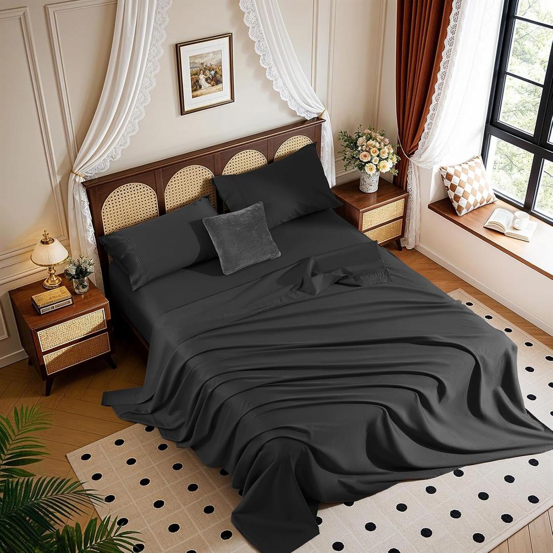 1200 Thread 100% Egyptian Cotton Sheet Sets King Size 4 Pcs Bedding Set, 16" Deep Pocket Soft Bed Sheet for All Season(King, Black)