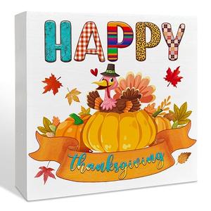 Thanksgiving Decor Box Sign Shelf Cubicle Accessories, Fall Turkey Pumpkin Table Decor Thanksgiving Harvest Autumn Decoration Home Office Room Kitchen Fall Sign Decor, Happy Thanksgiving 5x5inch