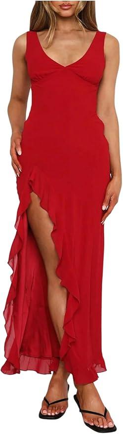 Women's Ruffle Cocktail Maxi Dresses Birthday Prom Sexy Sleeveless Split V Neck Wedding Guest Bodycon Dress 2026
L