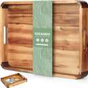 22 x 15.7 Inch Large Acacia Wood Serving Tray with Handles, Extra Spacious Decorative Wooden Tray with Dark Walnut-Tone Curved Corner Accents for Coffee Table, Ottoman & Kitchen Counter