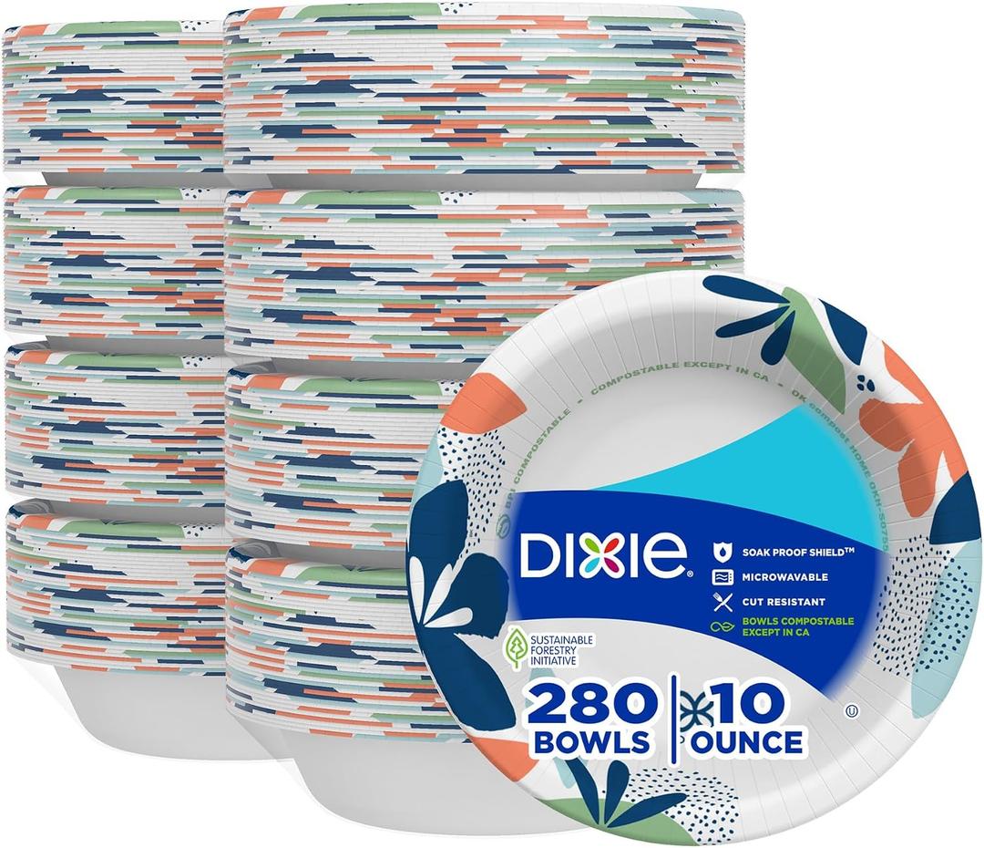 Dixie Small Paper Bowls, 10 Oz, 280 Count (8 packs of 35 bowls), Microwave-Safe, Soak-Proof, Disposable Bowls Great For Snacks, Dessert, And Light Lunch Meals