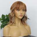 Short Wavy Curly Bob Wig with Bangs Ginger Brown Mixed 613 Blonde Highlights Color Glueless Heat Resistant Synthetic Wig Full Wig For Women Girls Fashion 14 Inch