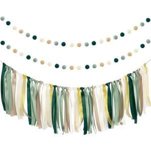 ANSOMO Sage Green Ribbon Felt Ball Garland Fabric Pom Pom Banner Tan Brown Ivory Gold Birthday Bridal Baby Shower Wall Hanging Party Decorations Wild Safari Jungle Botanical Greenery Decor Supplies
