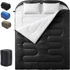 OLIXIS Double Sleeping Bag for Adults with Pillow, Lightweight Portable Queen 2 Person Sleeping Bag, Cold Weather Warm Zipper Sleep Bags for 3 Seasons Backpacking Camping Hiking Outdoor Adventure