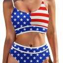 Zando High Waisted Swim Suits for Women 2025 Ribbed Swimsuit 2 Piece Color Block Sporty Bikini Sets Modest Bathing Suit (Large, American Flag)