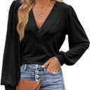 Women's Puff Long Sleeve Tops Deep V Neck Shirts Soft Loose Fit Elastic Blouses Dressy Casual Trendy Tunic (Large, Black)