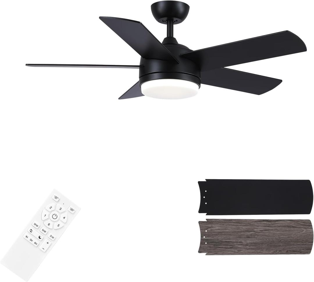 YUHAO 44 Inch Black Ceiling Fan with Light and Remote Control.Noiseless,Dimmable,3CCT,6 Speeds Reversible, DC Ceiling Fans for Indoor or Covered Outdoor Use.ETL Listed