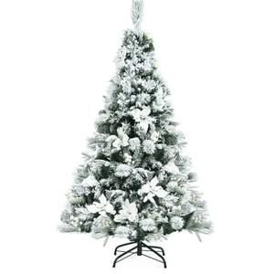 5ft Snow Flocked Hinged Christmas Tree w/Berries & Poinsettia Flowers
