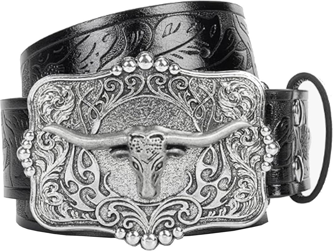 2 x UTOWO Rodeo Western-Longhorn-Bull Cowboy-Belt for Women-Men Bull-Floral-Embossed PU-Leather Cowgirl Waist Belt for Jeans (Black-bead Bull Head)