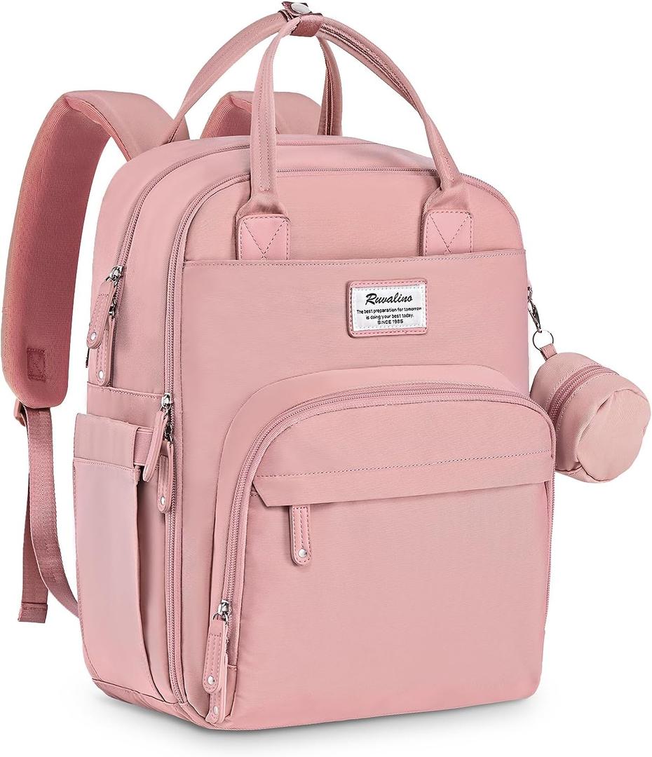 RUVALINO Diaper Bag Backpack, Multifunction Travel Back Pack for Girls, Maternity Baby Changing Bags with Changing Pad for Mom, Large Capacity, Waterproof and Stylish, Pink