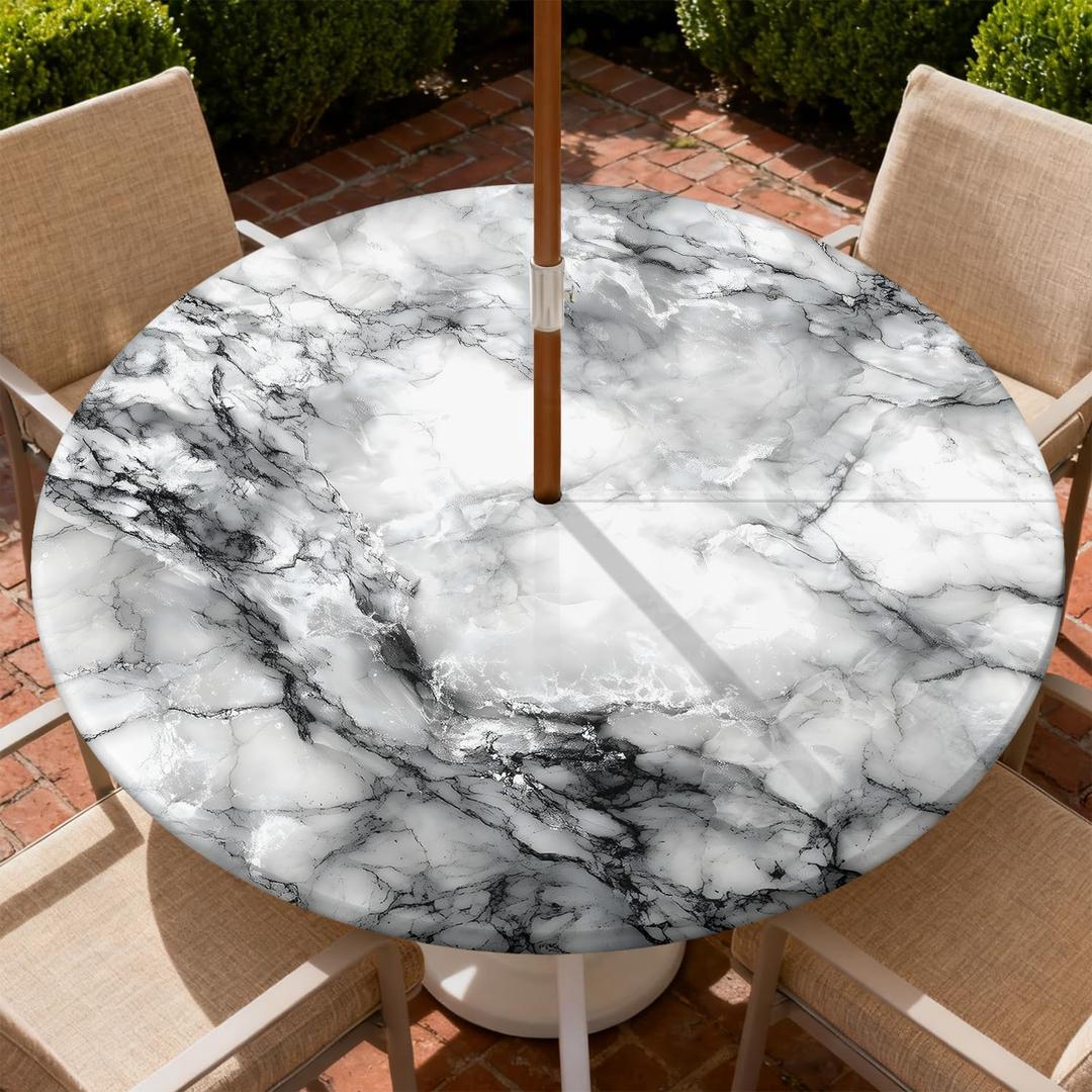 Round Outdoor Tablecloth with Zipper and Umbrella Hole, Fitted Table Cloth with Elastic, Oil Waterproof Tablecover for Patio Picnic Camping Garden Fits 45"-48" Round Table, Gray Marble