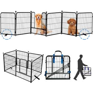 Metal Dog Playpen,Dog Fence Exercise Pen with Doors and Foot Support, 149W24H 6 Panels Puppy Play Pen, Portable Dogs Playpen Crate Cage for Outdoor, Indoor, RV, Camping, Yard