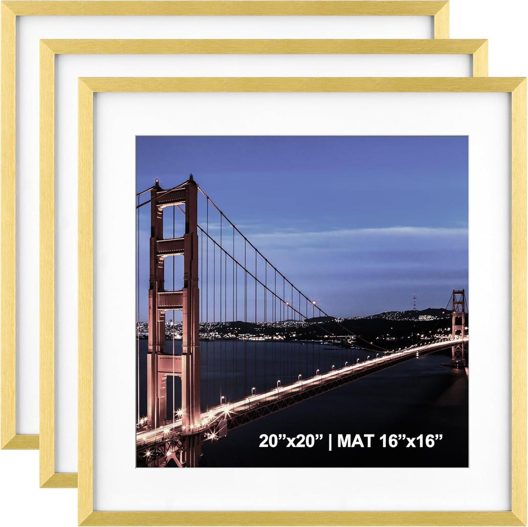 Yaetm 20x20 Gold Picture Frame Matted to 16x16, Set of 3, Thin Large Square Frame for Gallery Wall Display, Hanging Hardware Included (3 Pack, Gold) (20"x20", 3 pack, Gold)