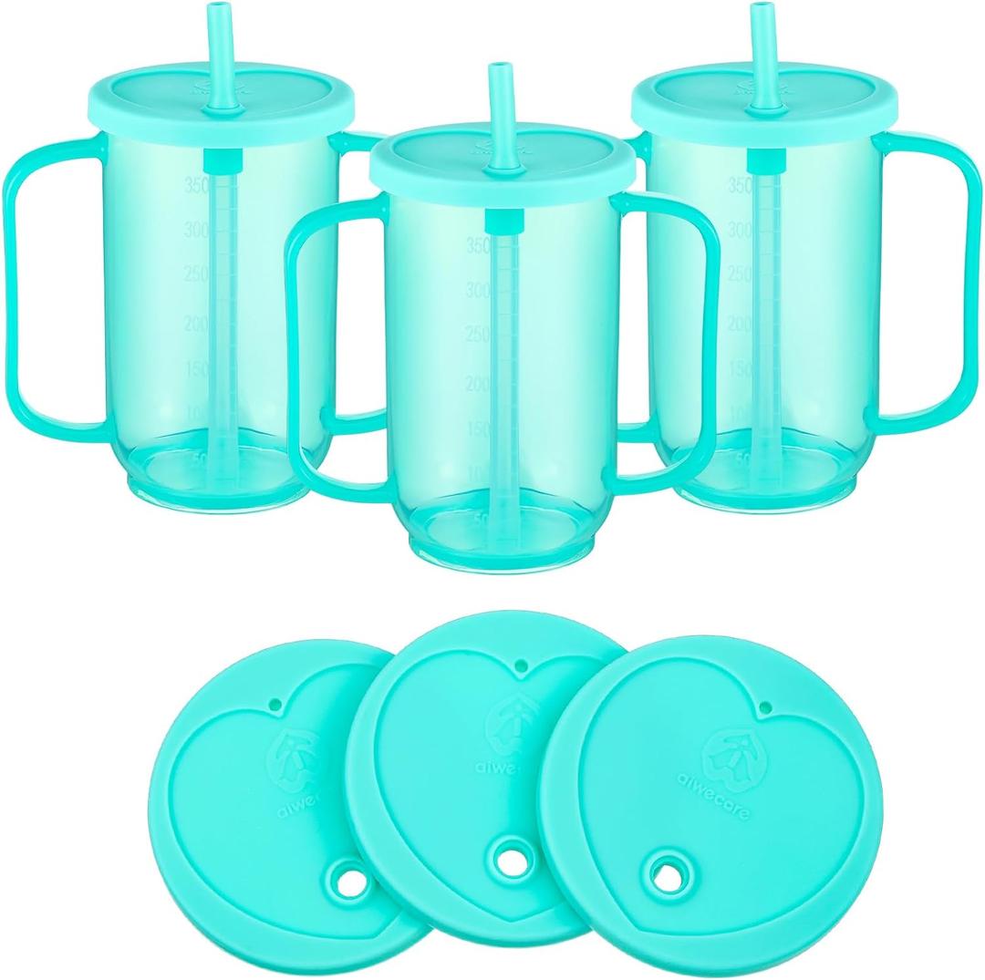 Sliner Adult Sippy Cups for Elderly 12 oz Straw Sippy Cups with 2 Handles No Spill for Adults Spill Proof Dysphagia Cup for Disabled Patients (Blue)