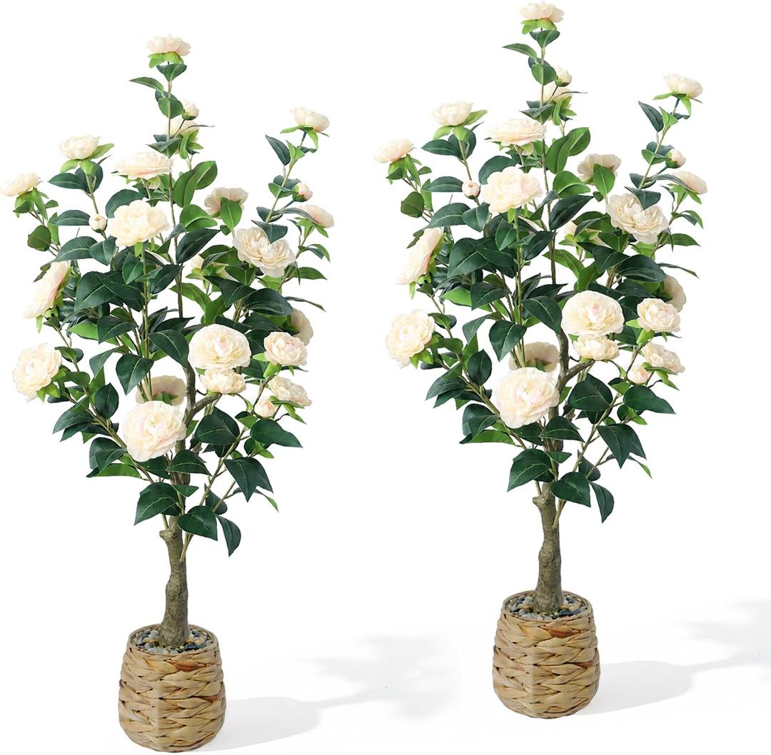 45" H Artificial Camellia Tree 2 Pack - Woven Planter with 28 Flowers,Faux Plant for Office Decor & Indoor Outdoor Home Wedding Decor(White)