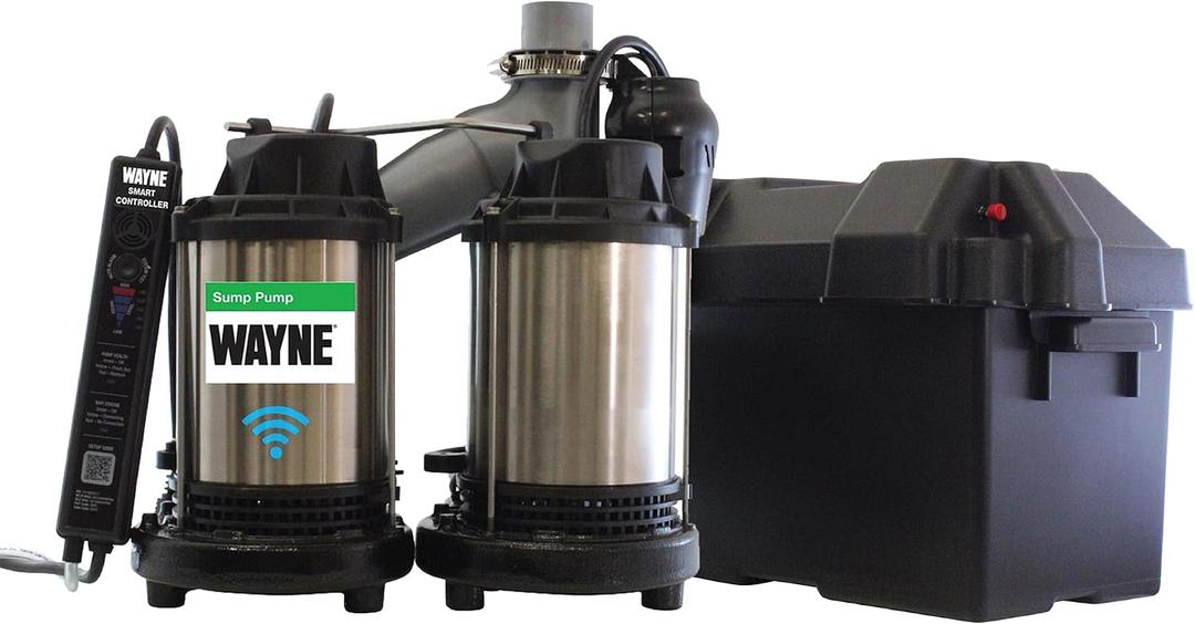 WAYNE WBPS50 1/2 HP Smart Sump Pump System Primary & Battery Backup Ready, Smart Monitoring & Alerts, 5,100 GPH, Stainless Steel and Cast Iron