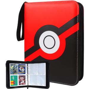 Card Binder 13"x10.5"x1.8", PU Leather Zipper Case with Handle, 9 Pocket Double Sided Pages, Holds 900 Cards, Red White Design, 3 Ring Binder with Velvet Liner for Collectible Cards