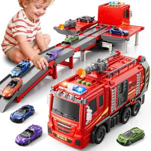 Fire Trucks Toys for Toddlers Ages 3-5, Folded Carrier Truck Race Track with with Lights & Sounds and 6 Racing Car Toys, Birthday Gift for 3 4 5 6 7 8 Years Old Boys Girls