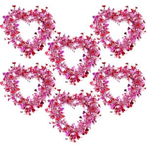 Chuangdi 6 Pcs Valentine Heart Wreaths for Front Door, 14 Inch Valentines Day Decorations with Heart Tinsel Foil Love Hanging Gift for Anniversary Wedding Party Wall Window Mantel Decor (Pink)