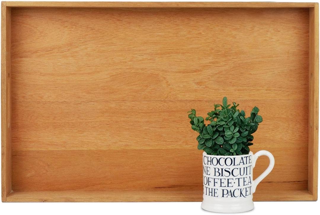 22 x 14 Inches Large Rectangle Teak Wood Ottoman Tray with Handles, Serve Tea, Coffee, Classic Wooden Decorative Serving Tray