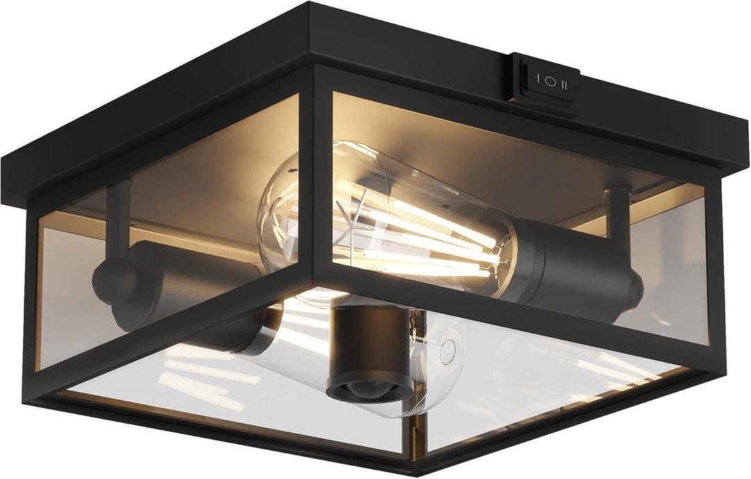 Outdoor Ceiling Light with Motion Sensor 12'', Flush Mount Porch Light, Exterior Light Fixture with Clear Glass, Dusk to Dawn 2-Light Fixture for Patio, Porch