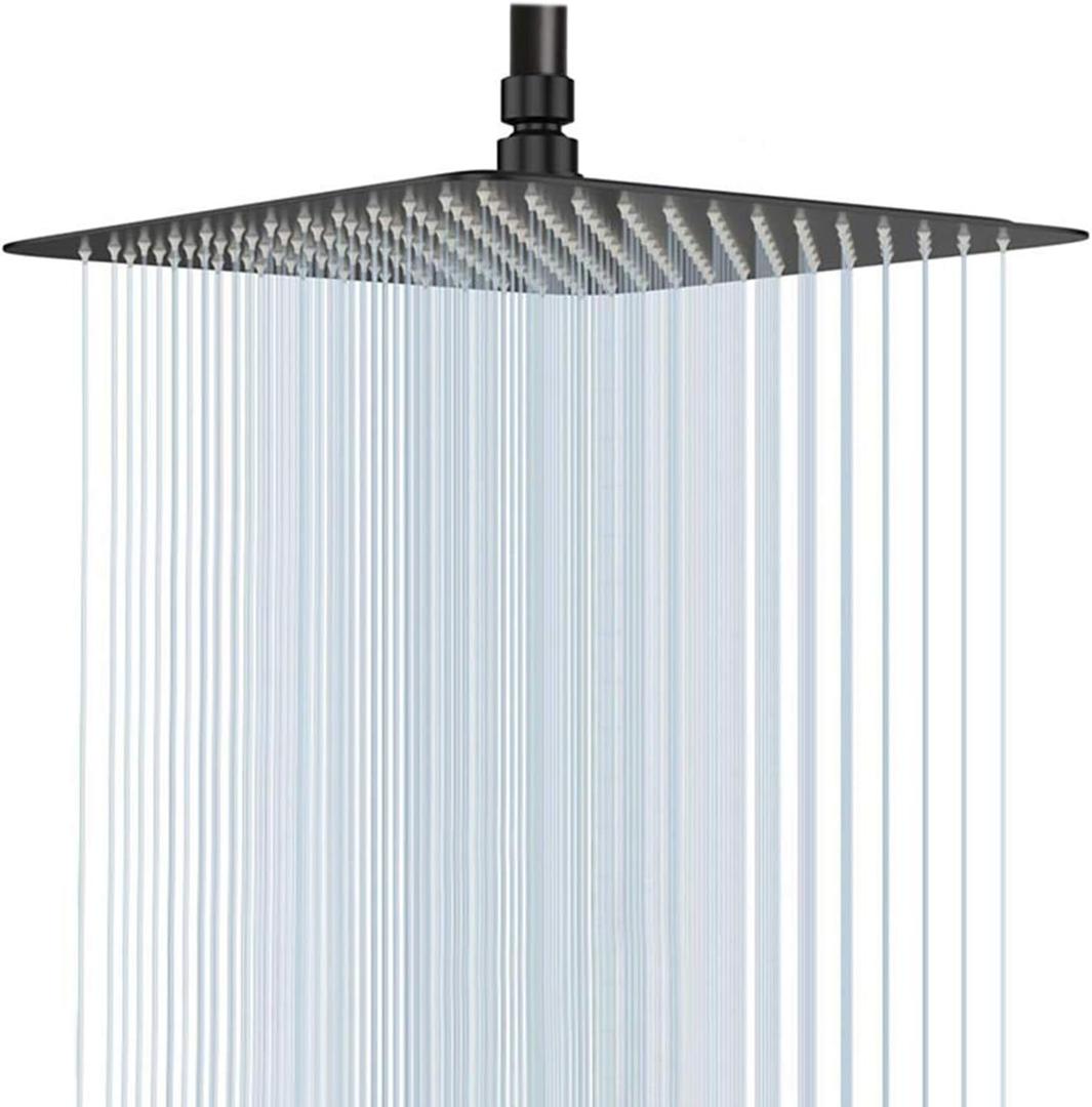 GGStudy 16 Inch Square Stainless Steel Shower Head Rain Style Large Shower Head Matte Black High Pressure (16inch)