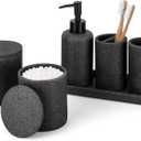 ZCCZ Black Stone Bathroom Accessories Set 6 Pieces - Toothbrush Holder, Lotion Dispenser, Qtip Container, Vanity Tray, Tumbler - Countertop Organizer for Bathrooms - Elegant and Functional Dcor Set