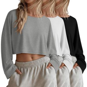 3 Pack Women's Long Sleeve Crop Shirts Loose Fit Cropped Oversized Tees Crew Neck Casual Pullover Tops (Black, White, Gray) Small
