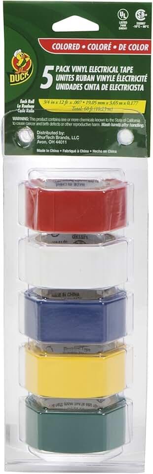 3-Pack Duck Brand Multi-Purpose Electrical Tape, 0.75-Inch-by-12-Feet, 5-Rolls, Assorted, 5-Color 60 Foot (280303)