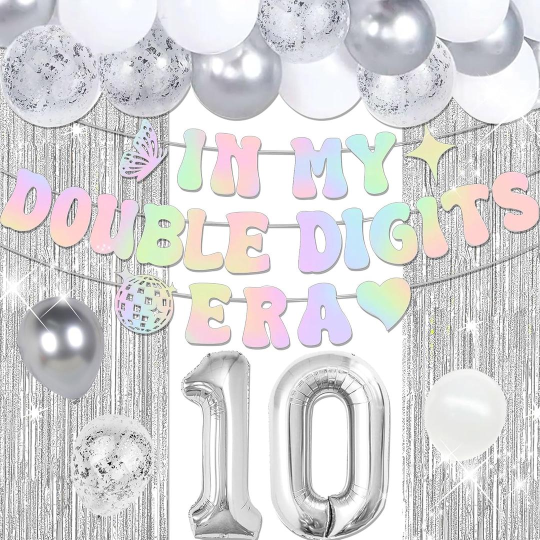 10th Birthday Decorations In My Double Digits Era Banner Double Digits Birthday Happy 10th Birthday Decorations for Silver Number 10 Balloon Girls Boys Double Digits Party Supplies (Silver)