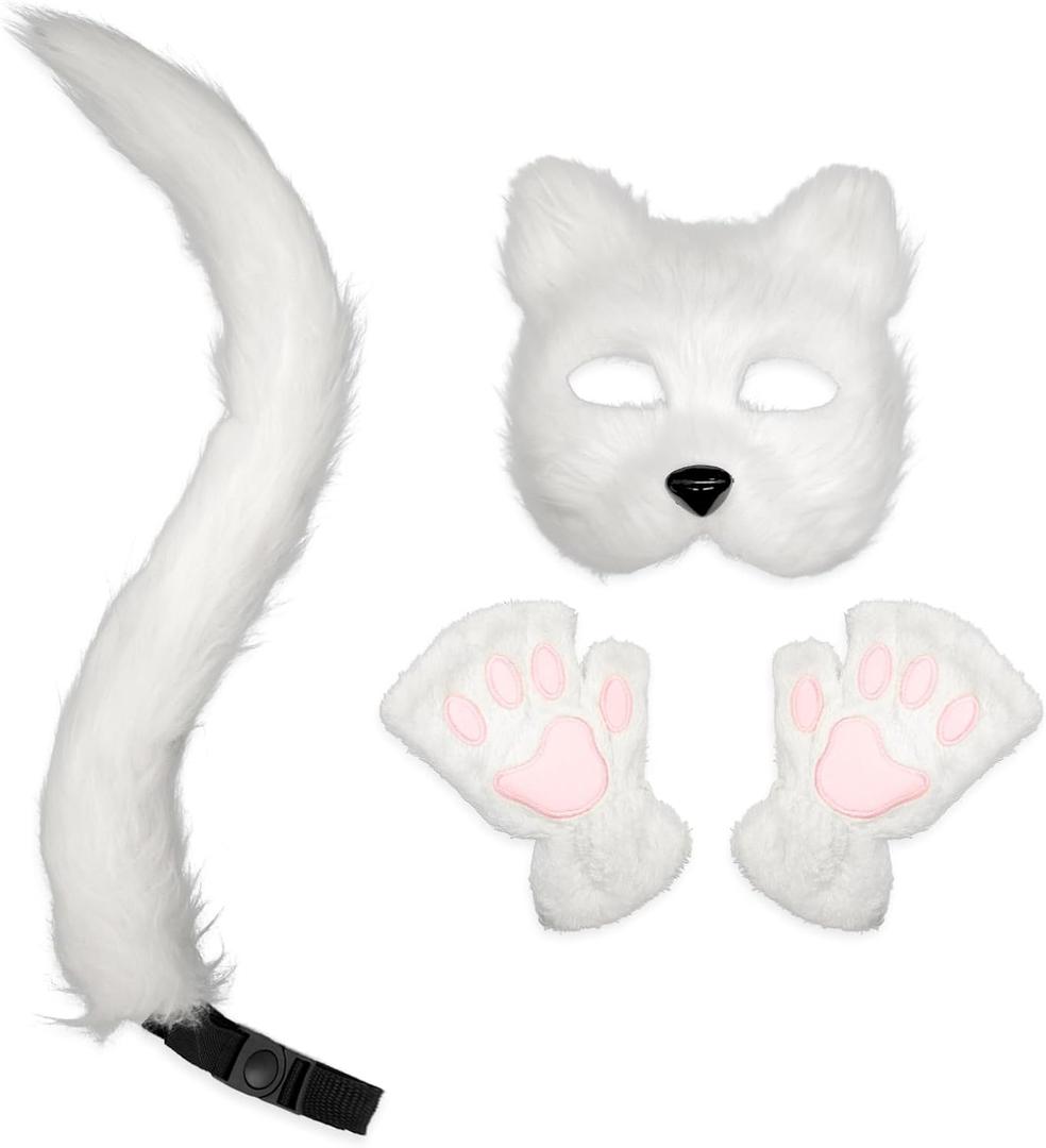 HyperFun Therian Mask and Tail Set Furry Fox Cat Mask Gloves Cosplay Costume Halloween Party (White)