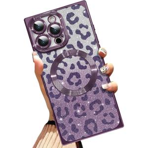 AIGOMARA Phone Case for iPhone 16 Pro [Compatible with MagSafe] Leopard Print Design Glitter Bling Case Shockproof Scratch-Resistant Soft TPU Cover for Women - Purple