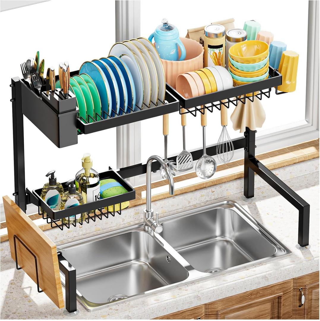 YKLSLH Over The Sink Dish Drying Rack 2 Tiers, for All Sinks (26.57"-35"),Expandable Large Capacity Sink Rack, Metal Drying Rack for Kitchen and Family Use (Black)