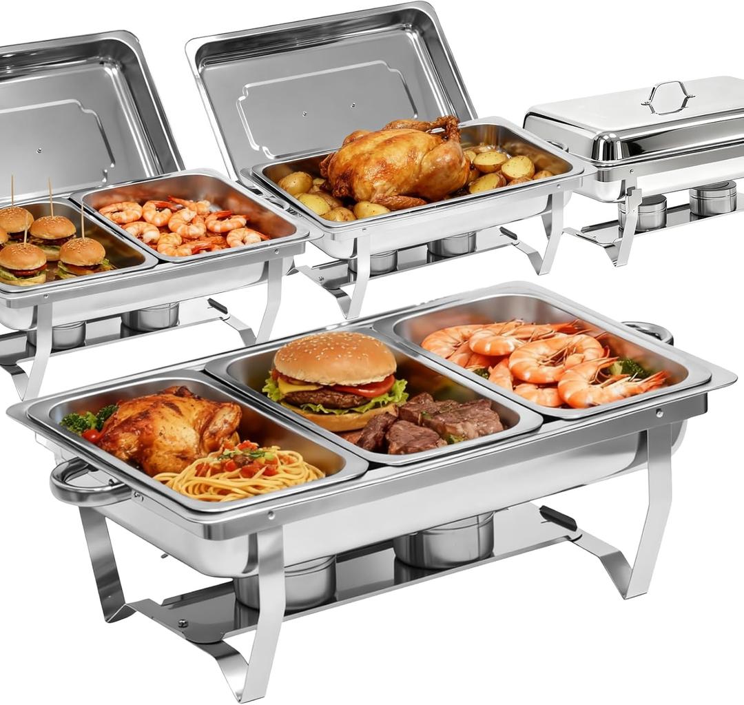 9Qt Chafing Dishes for Buffet 4Pack, 304 Stainless Steel Chafing Dish Buffet Set with Folding Frame, Food Warmers for Parties, Catering Supplies, Warming Trays for buffets Party, Multiple Food Pans