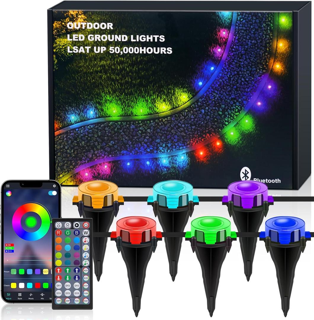 Permanent Outdoor Ground Lights, Waterproof 5-in-1 RGBCCT Ground Spike Strip, 24V Bluetooth Color Changing LED Pathway Lights for Garden, Courtyard, Lawn, Patio (60M/196.85FT)