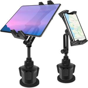 Car Cup Holder Tablet Mount & Phone Cradle Stand Truck for iPad Pro 11/12.9 Air Mini 6/5/4, Samsung Galaxy Tabs, iPhone 16/15/Pro/Pro Max, 4.7"-12.9" Smartphone Tab, Adjustable Long Arm, 360 Rotating