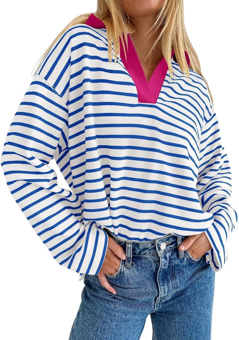 ZESICA Womens Striped Long Sleeve Tops Oversized Sweatshirt V Neck Loose Fit Tunic Tops Spring Casual Blouses (Blue, M)