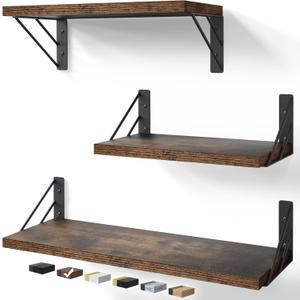 BAYKA Wall Shelves for Bedroom Decor, Floating Wall Shelves for Living Room Kitchen Storage, Wall Mounted Rustic Wood Floating Shelves for Kids Books,Corner Shelves for Bathroom(Set of 3) (3-Piece Set, Rustic Brown)