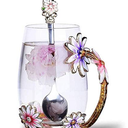 Luka Tech Enamel flower Leadfree Glass Coffee Mugs Tea Cup with Steel Spoon, Best Birthday Gifts For Women Wife Mom Friends Mothers Valentines Day Christmas (PurpleTall)