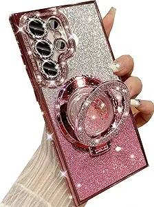 Samsung Galaxy S23 Ultra Glitter Kickstand Case, Luxury Bling Sparkly Diamond Rhinestone with Camera Protector Liquid Ring Stand Women Girls Clear Phone Case for Galaxy S23 Ultra (Pink)