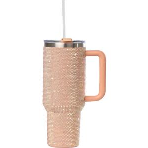 Grenada 40oz Rhinestone-Encrusted Insulated Tumbler - Premium Bling Stainless Steel Water Bottle with Handle, Double Wall Vacuum Technology, Includes Leakproof Lid and Straw (Peach Fuzz)