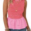 Tankaneo Womens Summer Striped Peplum Tank Tops Pink (L)