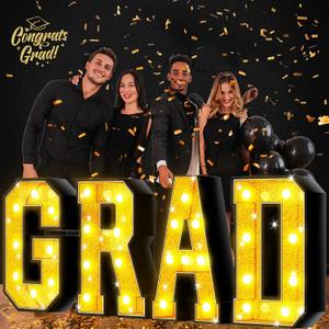 Graduation Decorations Class of 2025, 8 LED 2.3 FT Large Marquee Light Up Letters "GRAD" Sign for Kindergarten,Preschool,High School,College Graduation Prom Decor -Black Golden Glitte