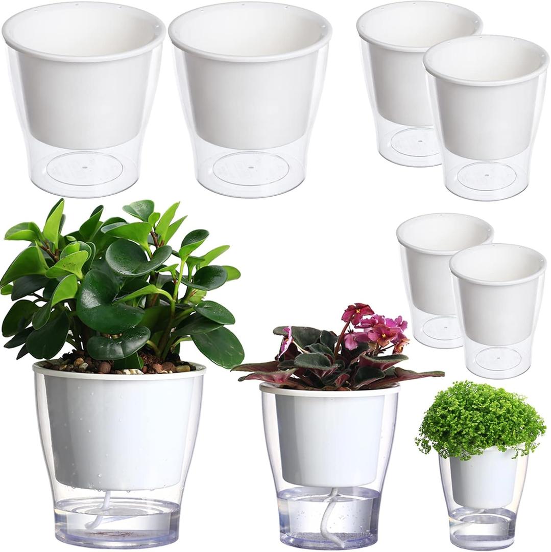DEELF OUTLET 6-Pack  Clear Self-Watering Planters Medium African Violet Pots Plastic Wick Flower Plant Pots for Indoor Plants, Spider Plant, Orchid Pot, Clear and White