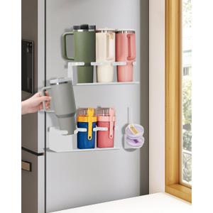 HAMARA Fiber Steel Magnetic Stanley Cup Holder for Fridge  3-Pack Tumbler & Lid Organizer, Heavy-Duty Water Bottle Storage, Kitchen & Pantry Organizer for Stanley Cup Accessories (White)