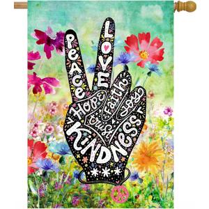 Peace Love Floral Flowers Spring Watercolor Art House Flag 28 x 40 Inch, Double Sided Large Garden Yard Welcome Flags Banners for Home Lawn Patio Outdoor Decor