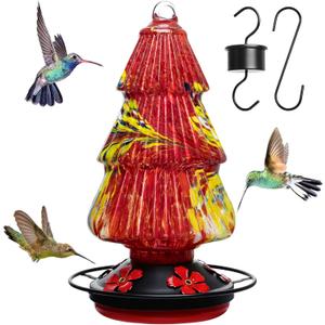 Hummingbird Feeders for Outdoors Hanging, 23 OZ Blown Glass Hummingbird Feeder with 5 Ports and Ant Moat, Garden Backyard Decor, Gifts for Mom, Red
