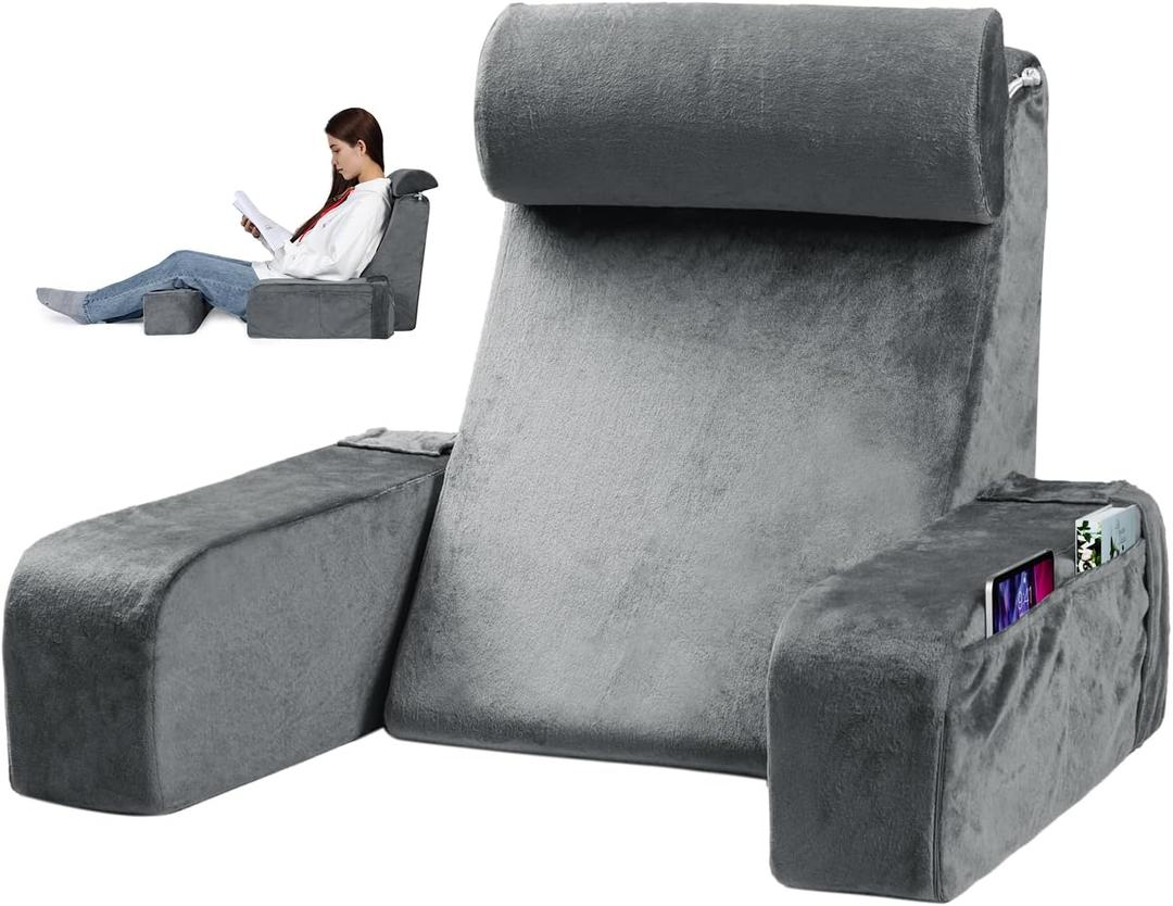 Reading Pillow for Sitting in Bed - Back Pillow for Sitting Up - Back Support Pillow with Detachable Neck Roll & Arms - Full Support - Reading & Bed Rest Pillows for Watching TV/Reading/Gaming (19 Inch Tall, Grey)